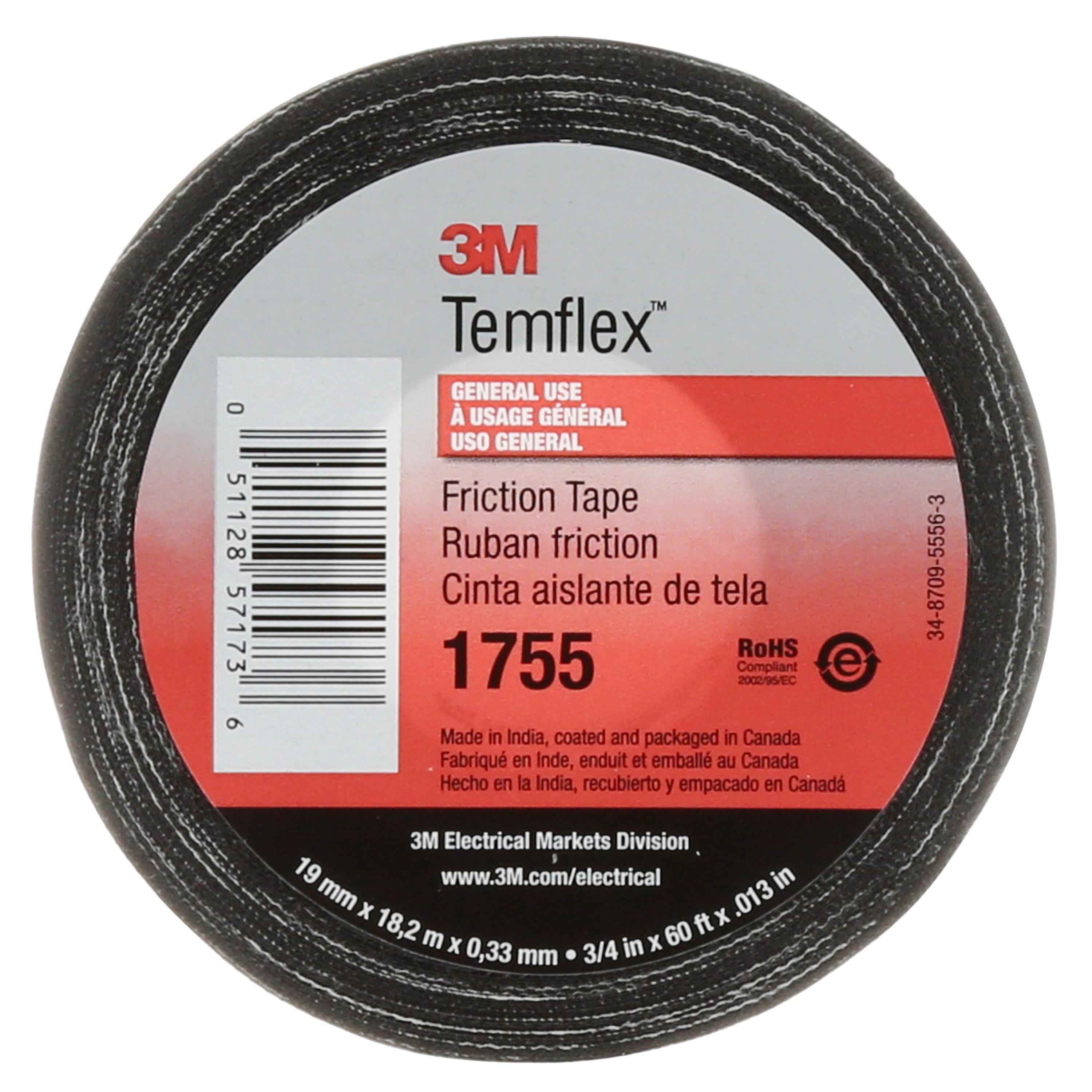 Temflex 7000058870 1755 Heavy Duty Tape, 60 ft L 0.75 in W, 13 mil THK, Cotton, Rubber Adhesive, Black - Cloth Tapes