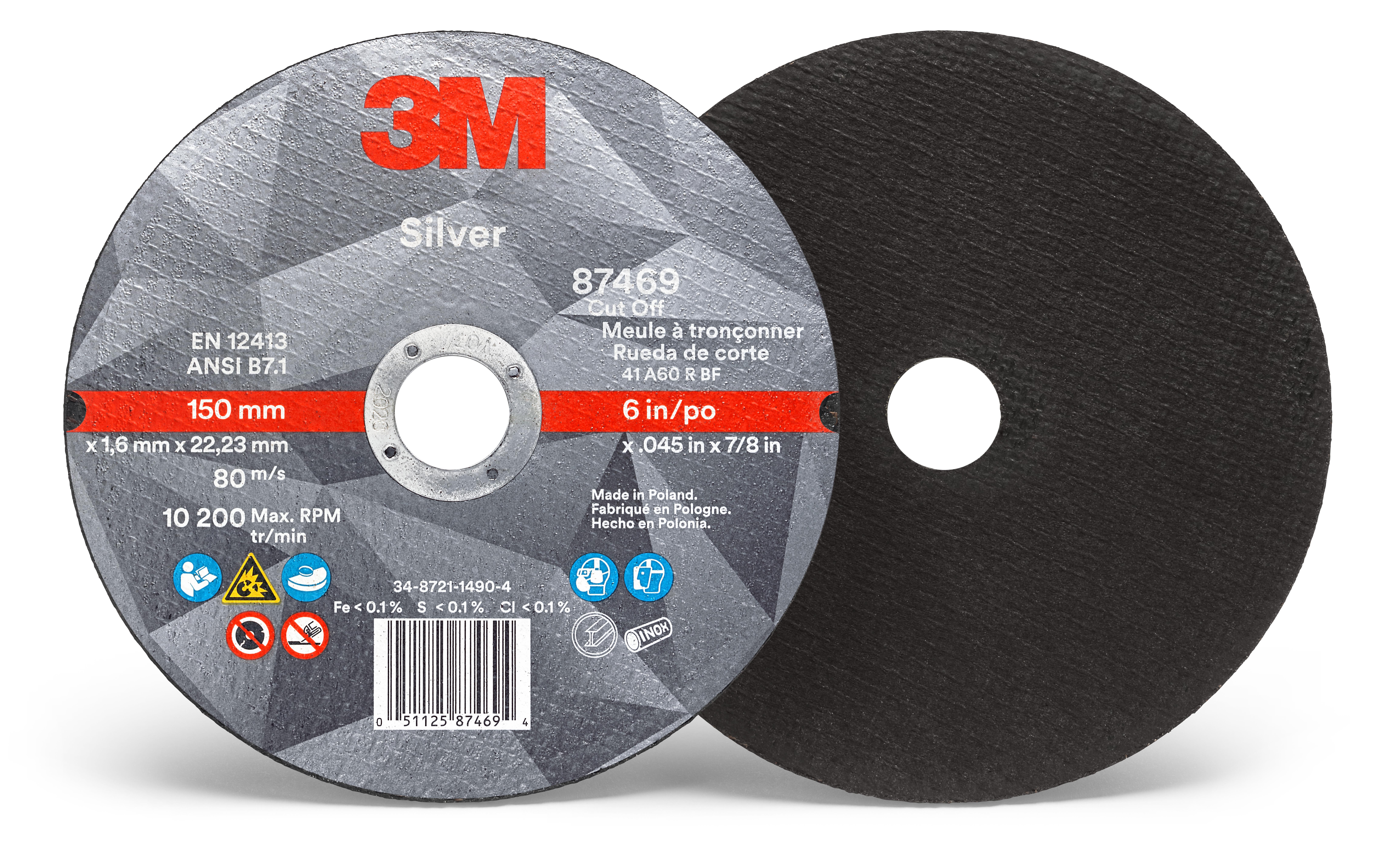 3M 7010412152 Silver Abrasive Cut-Off Wheel, 6 in Dia Wheel x 0.045 in THK Wheel, 7/8 in Center Hole, 60 Grit, Ceramic Abrasive - Cut-Off Wheels
