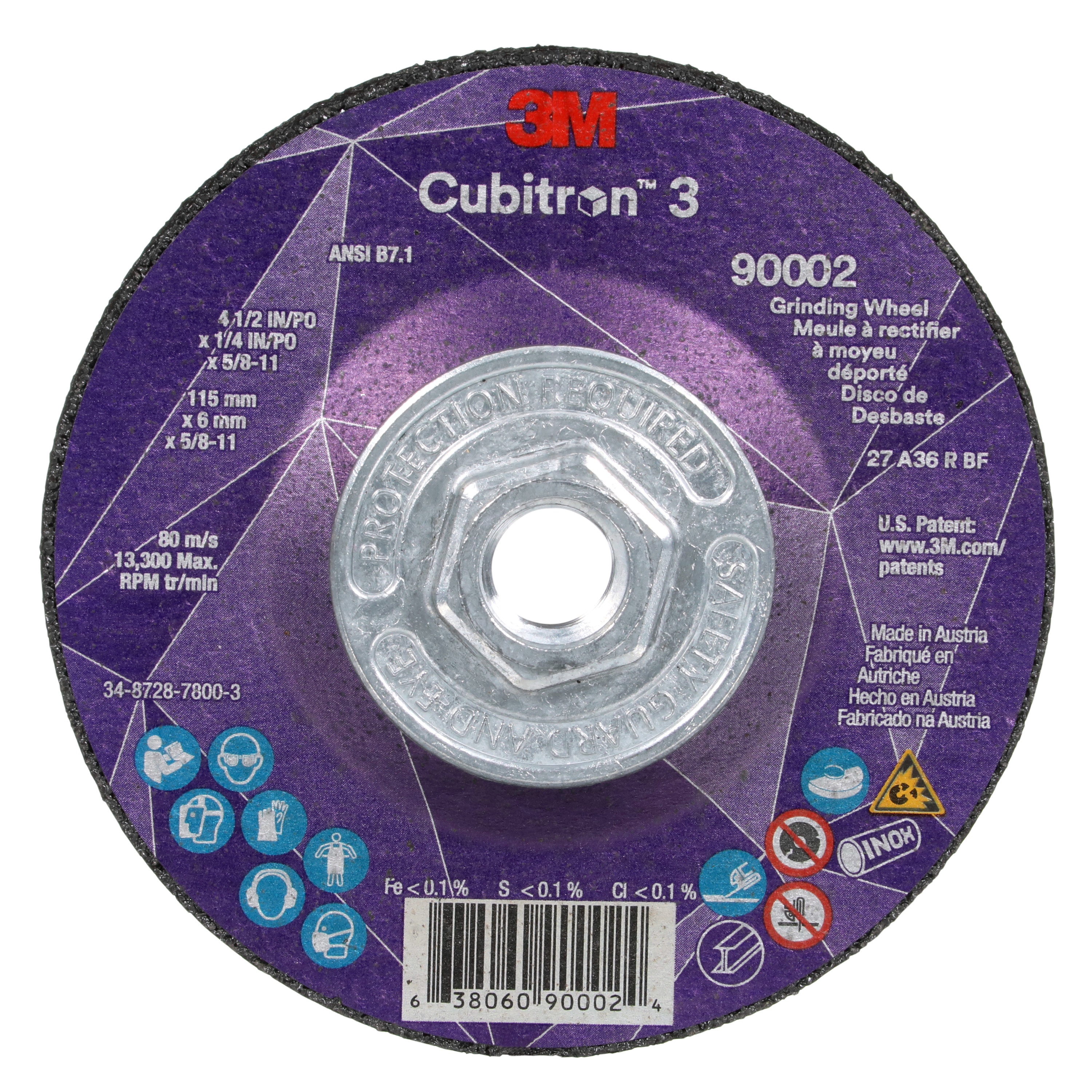 Cubitron 3 7100312968 Type 27 Grinding Wheel, 4.5 in Dia Wheel x 0.25 in THK Wheel, 36+ Grit, Precision Shaped Ceramic Abrasive - Depressed Center Wheels