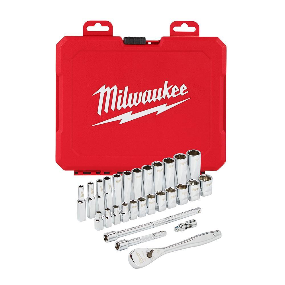 Milwaukee 48-22-9504 Ratchet and Socket Set, Case Tool Storage, 4 deg Arc Swing, 1/4 in Drive, 28 Pieces, Steel - Hand Tool Kits