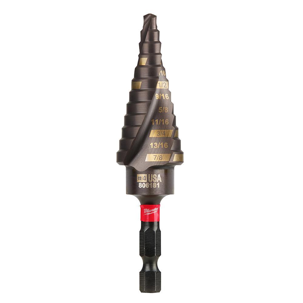 Milwaukee SHOCKWAVE Impact Duty 48-89-9244 Impact Step Drill Bit, 3/16 in Dia Min Hole, 7/8 in Dia Max Hole, 12 Steps, Titanium, 12 Hole Sizes, 1/4 in Shank - Step Drill Bits