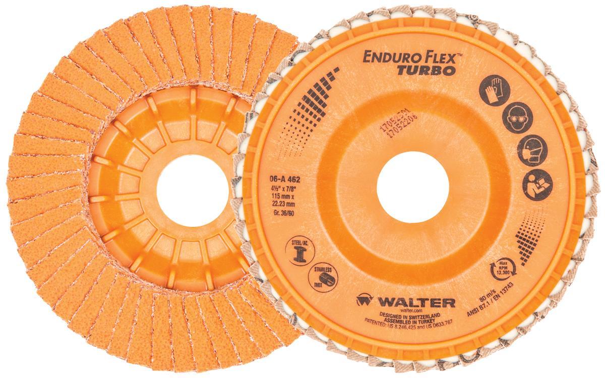 Walter Surface Technologies Enduro-Flex Turbo 06A462 06-A Close Coated Flap Disc, 4-1/2 in Dia Disc, 7/8 in Center Hole, 36/60 Grit, Course Grade, Ceramic Abrasive, Type 27 Disc - Coated Abrasive Flap Discs