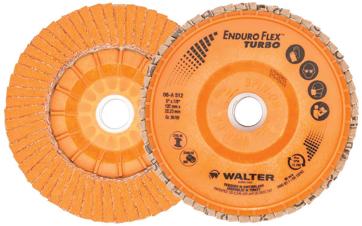 Walter Surface Technologies Enduro-Flex Turbo 06A512 06-A Close Coated Flap Disc, 5 in Dia Disc, 7/8 in Center Hole, 36/60 Grit, Coarse Grade, Ceramic Abrasive, Type 27 Disc - Coated Abrasive Flap Discs
