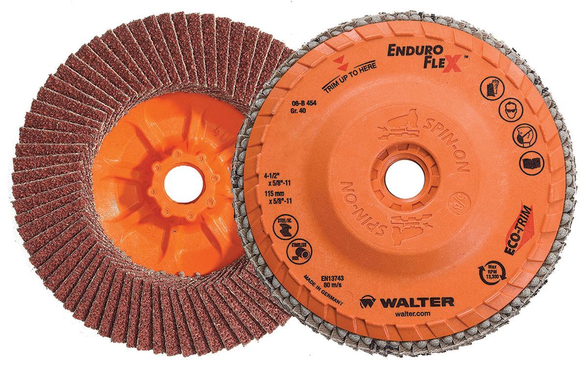 Walter Surface Technologies Enduro-Flex 06B454 06-B Close Spin-On Coated Flap Disc, 4-1/2 in Dia Disc, 40 Grit, Coarse Grade, Zirconia Alumina Abrasive, Type 27S Disc - Coated Abrasive Flap Discs
