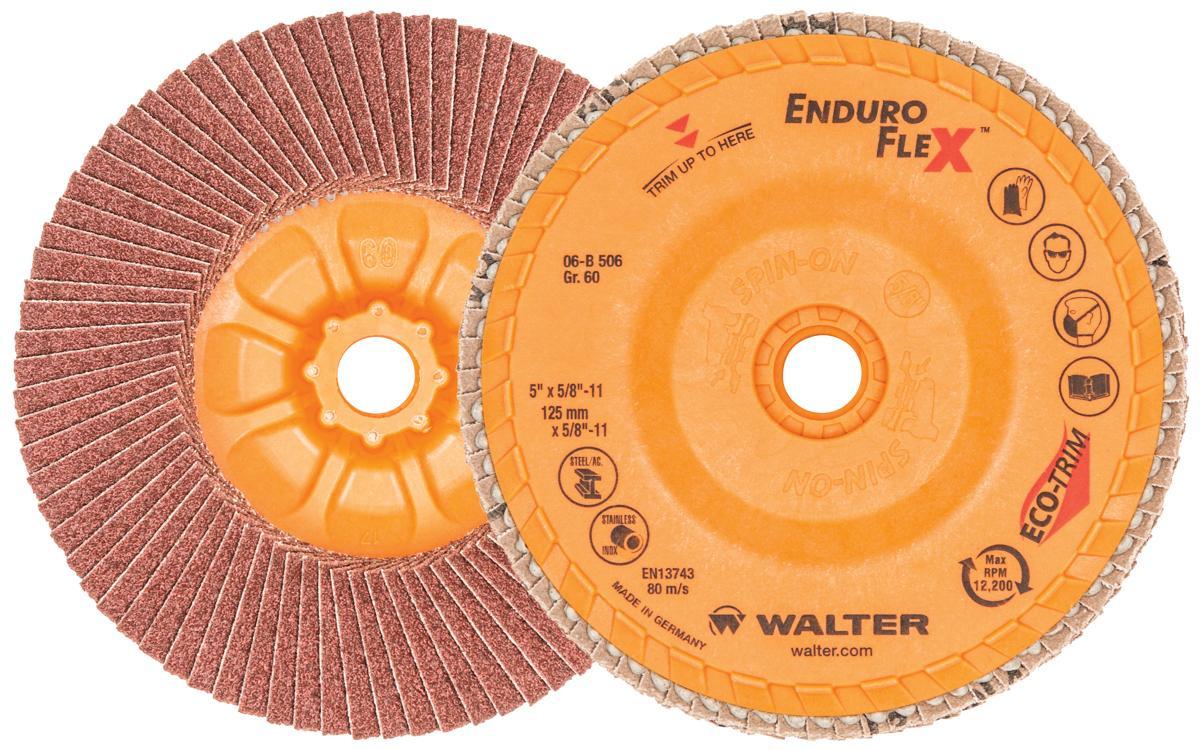 Walter Surface Technologies Enduro-Flex 06B506 06-B Close Spin-On Coated Flap Disc, 5 in Dia Disc, 60 Grit, Medium Grade, Zirconia Alumina Abrasive, Type 27S Disc - Coated Abrasive Flap Discs