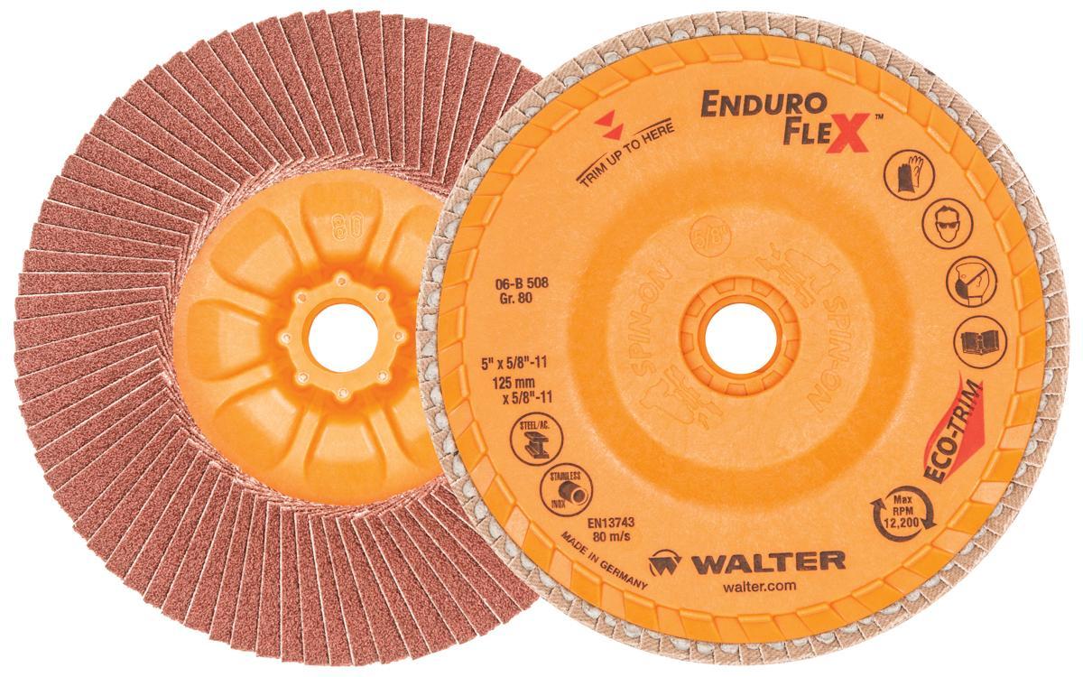 Walter Surface Technologies Enduro-Flex 06B508 06-B Close Spin-On Coated Flap Disc, 5 in Dia Disc, 80 Grit, Medium Grade, Zirconia Alumina Abrasive, Type 27S Disc - Coated Abrasive Flap Discs