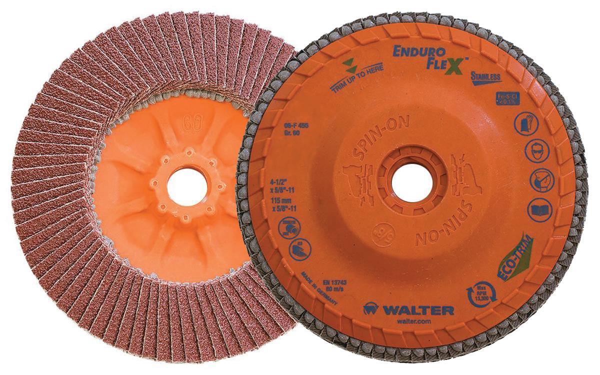 Walter Surface Technologies Enduro-Flex Stainless 06F456 06-F Close Spin-On Coated Flap Disc, 4-1/2 in Dia Disc, 60 Grit, Medium Grade, Zirconia Alumina Abrasive, Type 27S Disc - Coated Abrasive Flap Discs