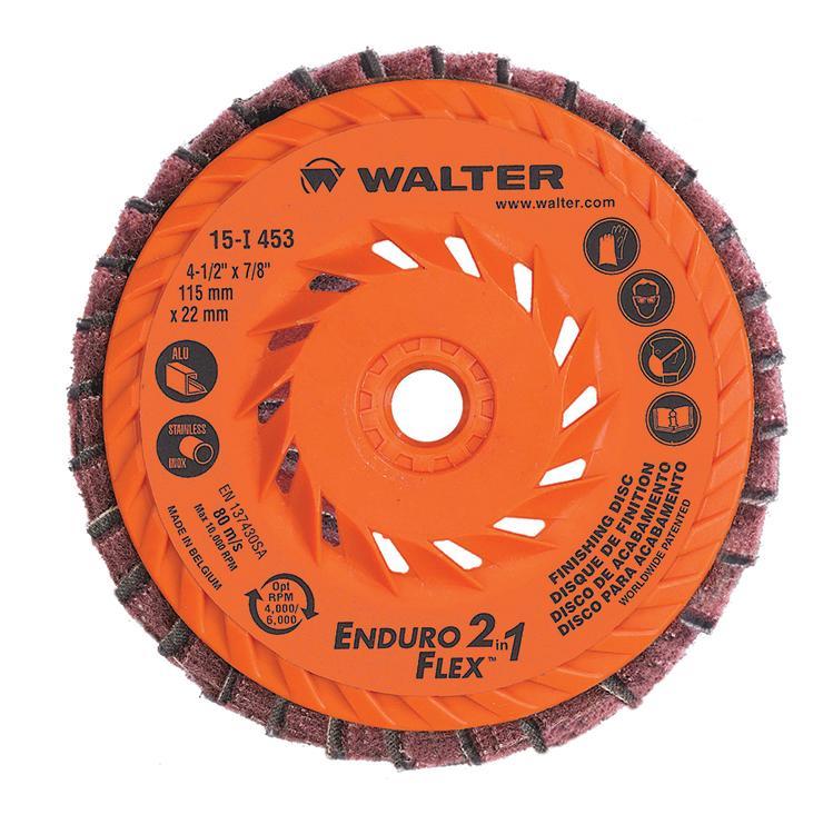 Walter Surface Technologies Enduro-Flex 2-in-1 15I453 15-I Close Spin-On Coated Surface Finishing Disc, 4-1/2 in Dia Disc, 150 Grit, Fine Grade, Aluminum Oxide Abrasive, Type 27S Disc - Coated Abrasive Flap Discs