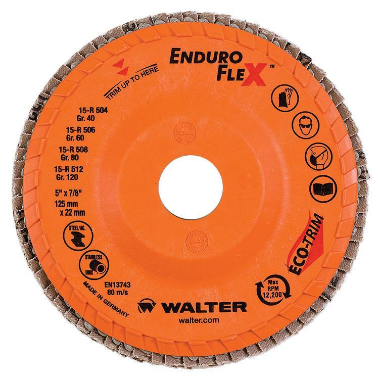 Walter Surface Technologies Enduro-Flex 15R512 15-R Close Standard Density Coated Flap Disc, 5 in Dia Disc, 7/8 in Center Hole, 120 Grit, Fine Grade, Zirconia Alumina Abrasive, Type 27 Disc - Coated Abrasive Flap Discs