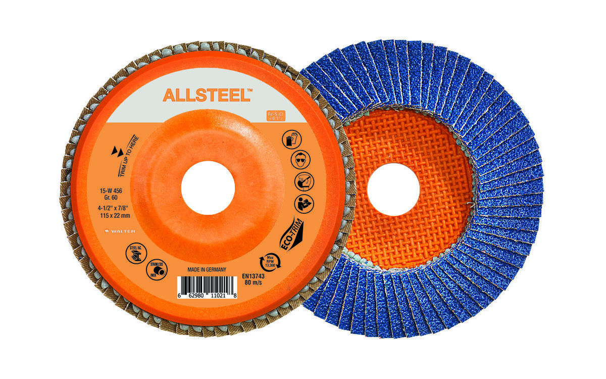 Walter Surface Technologies ALLSTEEL 15W456 Industrial Grade Flap Disc, 4-1/2 in Dia Disc, 7/8 in Center Hole, 60 Grit, Zirconia Alumina Abrasive, Type 27 Disc - Coated Abrasive Flap Discs