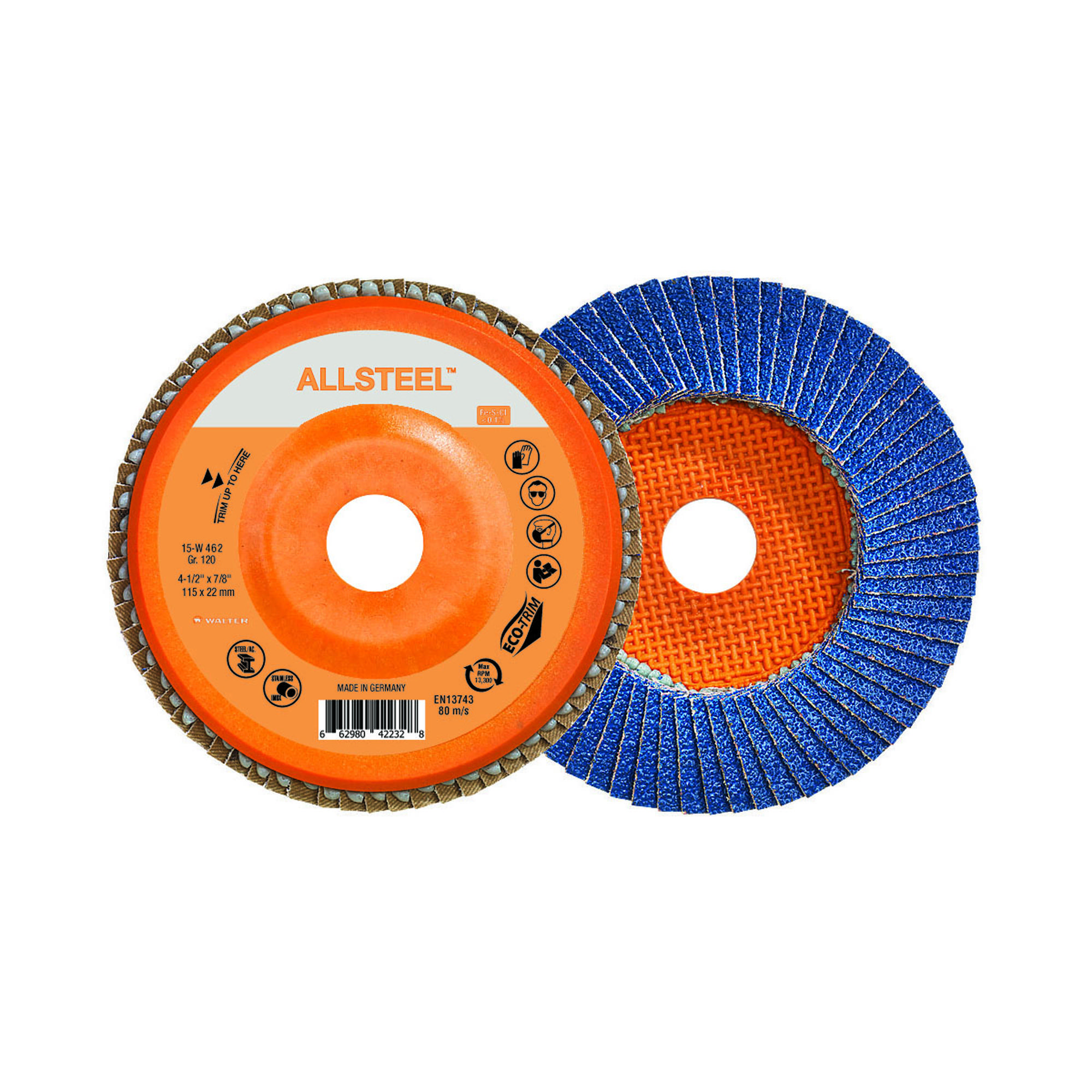 Walter Surface Technologies ALLSTEEL 15W462 Industrial Grade Flap Disc, 4-1/2 in Dia Disc, 7/8 in Center Hole, 120 Grit, Zirconia Alumina Abrasive, Type 27 Disc - Coated Abrasive Flap Discs